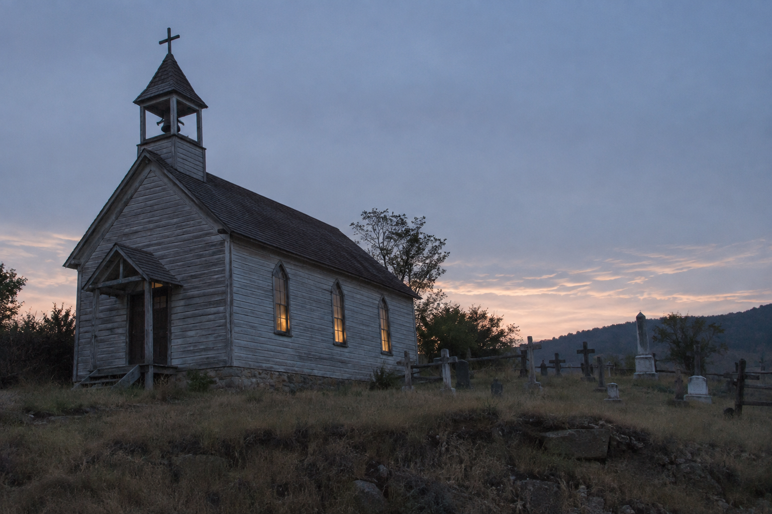 Kirche und Friedhof in Mercy Ridge unter dunklem Himmel